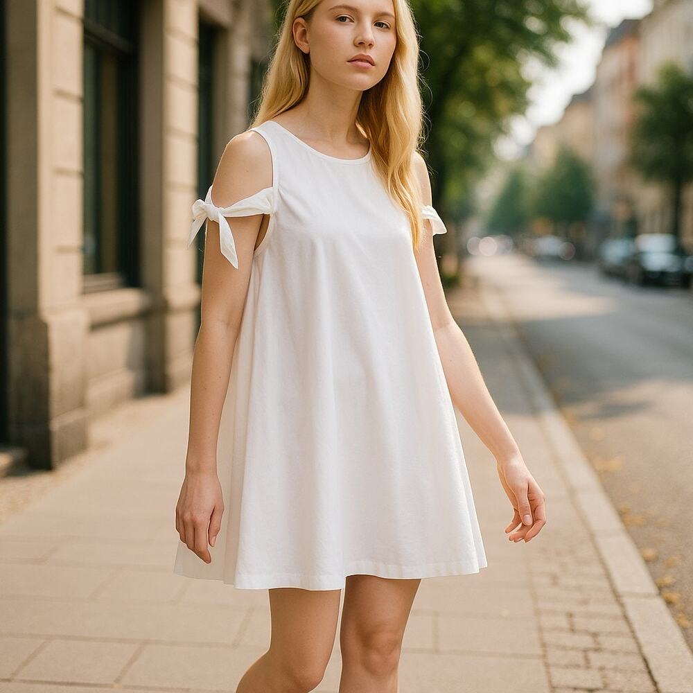 Trafaluc Collection Womens Dress Size M Zara White Poplin Bow Sleeve‎ Mini NEW